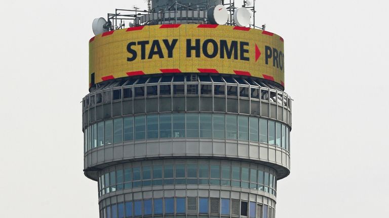 Pic: PA
The government&#39;s message: &#39;Stay Home, Protect the NHS, Save Lives&#39; is shown in lights on the rotating display near the top of the BT Tower in the Fitzrovia area of London as the UK continues in lockdown to fight the coronavirus pandemic.