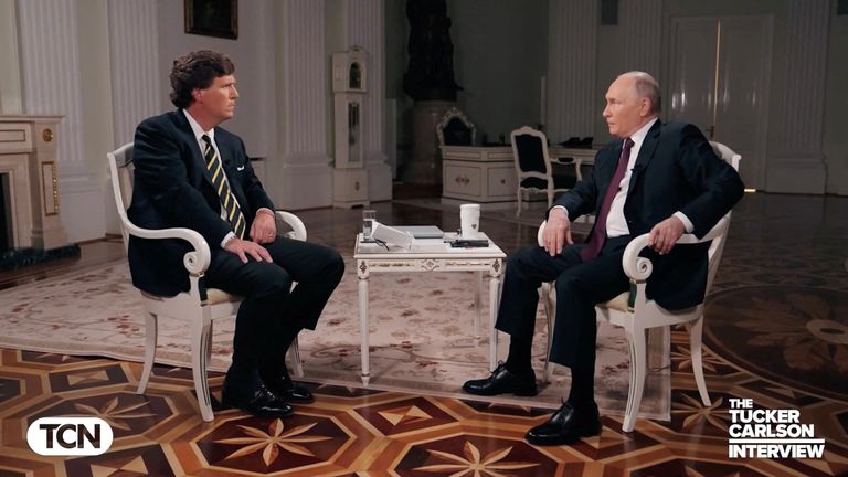Russian President Vladimir Putin speaks during an interview with U.S. television host Tucker Carlson, in Moscow
