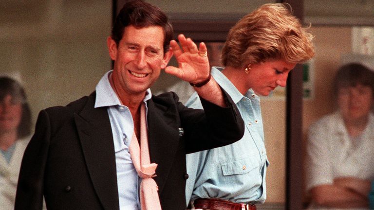 The then Prince of Wales leaving hospital after breaking his arm in 1990. Pic: PA