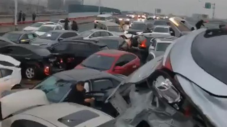 Dramatic footage shows the 100 car pile up on a roadway in the Chinese city of Suzhou