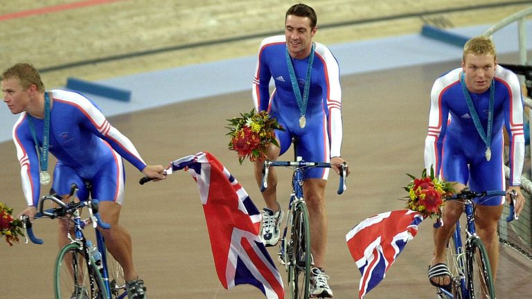 The Great Britain Men&#39;s Olympic Sprint Team (left to right) Craig MacLean and Jason Queally and Chris Hoy celebrate winning the Silver medal in the Men&#39;s Olympic Sprint Final at the Olympic Velodrome in Sydney. John Giles/PA Archive/PA Images
Date taken: 17-Sep-2000