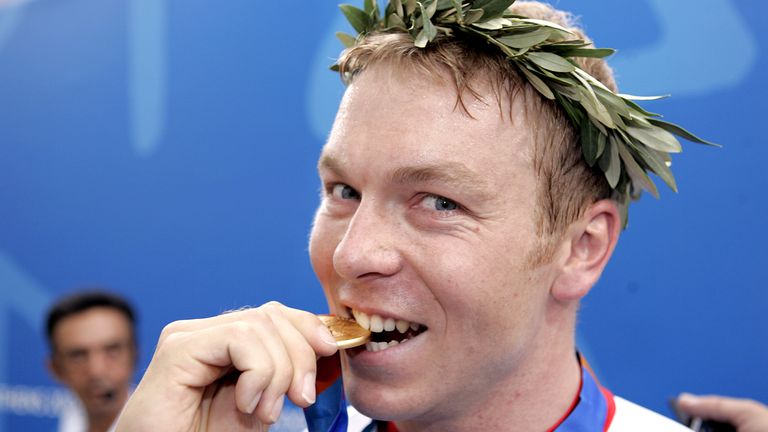 Great Britain&#39;s Chris Hoy celebrates after winning the gold medal in Athens Olympic Games 2004 - Men&#39;s 1km Time Trial
Phil Noble/PA Archive/PA Images
Date taken: 20-Aug-2004
