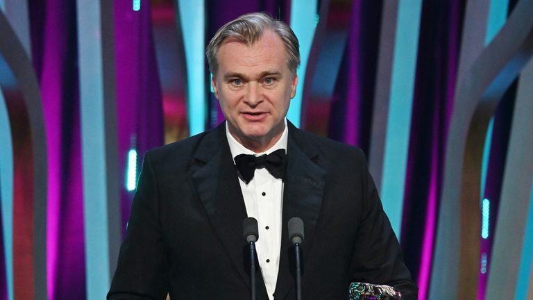 Oppenheimer director Christopher Nolan accepts his award at the BAFTAs. Pic: Kate Green/BAFTA/Getty
