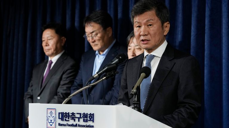 Chung Mong-gyu, right, president of the Korea Football Association (KFA), speaks during a press conference at the KFA headquarters in Seoul, South Korea, Friday, Feb. 16, 2024. Jurgen Klinsmann has been fired as head coach of the South Korean national team after an Asian Cup semifinal exit and reports of infighting among star players.(AP Photo/Ahn Young-joon)