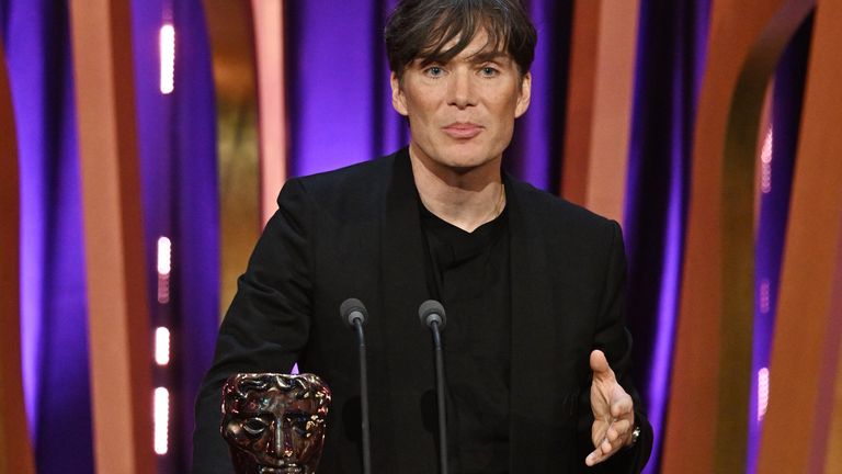 Cillian Murphy accepts the leading actor award for Oppenheimer at the BAFTAs. Pic: Kate Green/BAFTA/Getty
