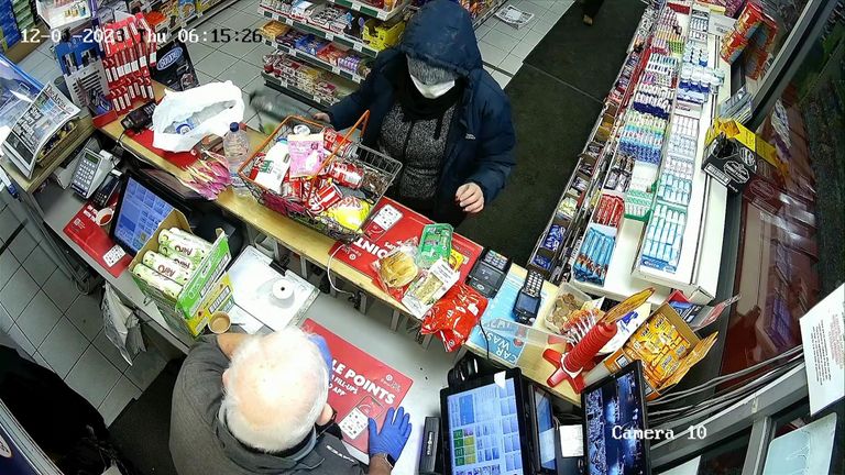 CCTV shows a woman, alleged to be Constance Marten, buying food from a petrol station on 12 January, 2023. Footage show in court during trial of Constance Marten and Mark Gordon.