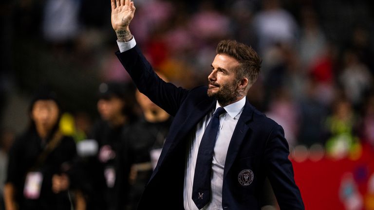 Inter Miami co-owner David Beckham waves to the crowd. Pic: AP