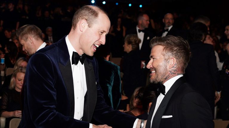 The Prince of Wales, president of Bafta, talks with David Beckham at the Bafta Film Awards 2024, at the Royal Festival Hall, Southbank Centre, London. Picture date: Sunday February 18, 2024.

