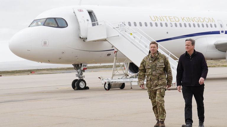 David Cameron arrives at Mount Pleasant Air Base in the Falkland Islands.  Pic: PA