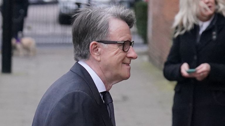 Pic: PA
Lord Peter Mandelson attends the funeral service of Derek Draper at St Mary the Virgin church in Primrose Hill, north west London. The former lobbyist turned psychologist and author, who married presenter Kate Garraway in 2005, died last month following long-lasting symptoms from coronavirus. Picture date: Friday February 2, 2024.