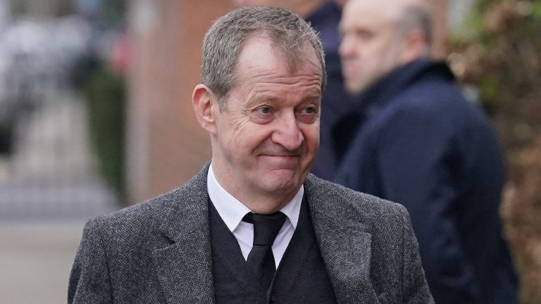 Pic: PA
Alastair Campbell attends the funeral service of Derek Draper at St Mary the Virgin church in Primrose Hill, north west London. The former lobbyist turned psychologist and author, who married presenter Kate Garraway in 2005, died last month following long-lasting symptoms from coronavirus. Picture date: Friday February 2, 2024.