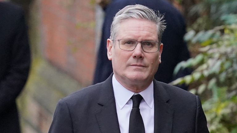 Pic: PA
Labour leader Sir Keir Starmer attends the funeral service of Derek Draper at St Mary the Virgin church in Primrose Hill, north west London. The former lobbyist turned psychologist and author, who married presenter Kate Garraway in 2005, died last month following long-lasting symptoms from coronavirus. Picture date: Friday February 2, 2024.