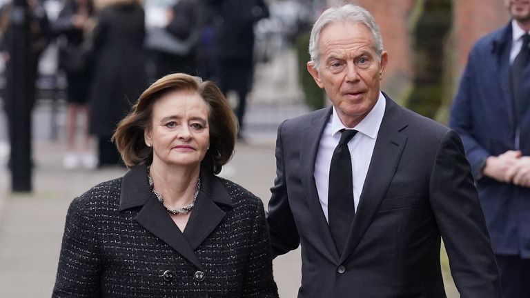 Pic: PA
Former prime minister Tony Blair and his wife Cherie Blair attend the funeral service of Derek Draper at St Mary the Virgin church in Primrose Hill, north west London. The former lobbyist turned psychologist and author, who married presenter Kate Garraway in 2005, died last month following long-lasting symptoms from coronavirus. Picture date: Friday February 2, 2024.