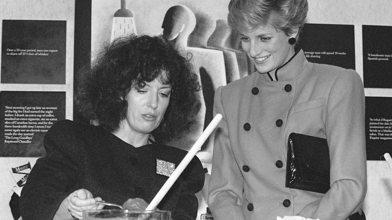 Body Shop founder Anita Roddick gives a demonstration for Diana, Princess of Wales, at the opening of a new headquarters in Littlehampton, Sussex..
Pic: PA