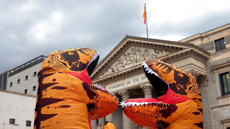 Campaigners in Spain took aim at the Energy Charter Treaty before it withdrew in 2022. Pic: AP
