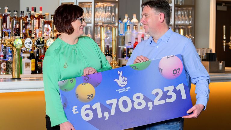 Pic: National Lottery/PA
Handout photo issued by the National Lottery operator Allwyn of EuroMillions winners Richard and Debbie Nuttall, both 54, from Colne, Lancashire, after they won a £61,708,231 share of the £123 million jackpot prize from the draw on January 30 - with the other winning ticket having been bought in Spain. Picture date: Wednesday February 21, 2024.