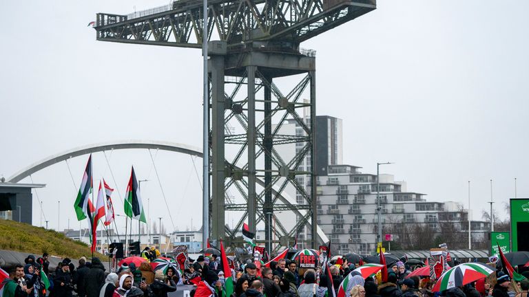 Pro-Palestine protestors gather outside the Scottish Labour conference. Pic: Jane Barlow/PA Wire