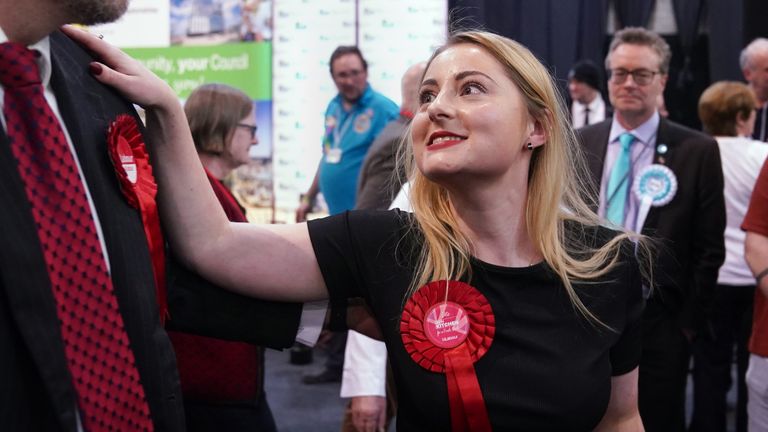 Labour Party candidate Gen Kitchen celebrates with Labour MP for Chesterfield Toby Perkins after being declared winner in the Wellingborough by-election at the Kettering Leisure Village, Northamptonshire.