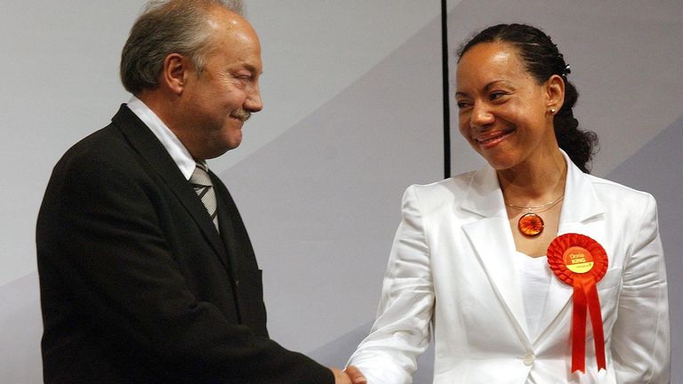 Former Labour MP and new Respect MP George Galloway (left) shakes hands with defeated Labour candidate Oona King, after winning the Bethnal Green & Bow constituency at the East Winter Gardens, London. Pic: PA