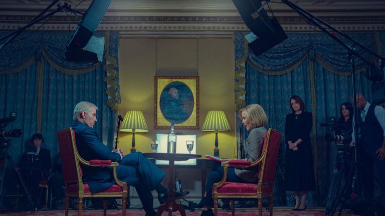 Gillian Anderson and Rufus Sewell portraying Prince Andrew and Emily Maitlis in Scoop. Pic: Netflix