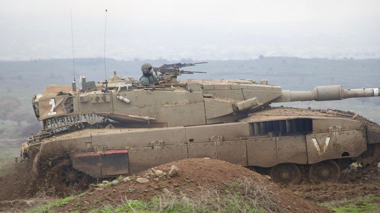 Still of an IDF military vehicle during drills in the Golan Heights. Alistair Bunkall piece.