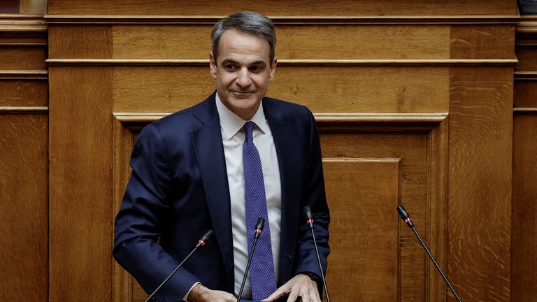 Greek Prime Minister Kyriakos Mitsotakis prepares to speak at the Greek parliament, ahead of a vote on a bill which legalises same-sex civil marriage, in Athens, Greece, February 15, 2024. REUTERS/Louisa Gouliamaki
