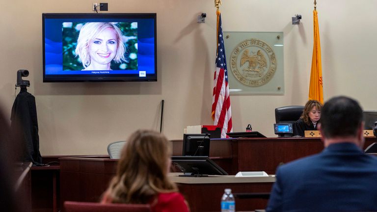 A photo of cinematographer Halyna Hutchins is displayed during the trial against Hannah Gutierrez-Reed, in First District Court, in Santa Fe, N.M., Thursday, February 22, 2024. Gutierrez-Reed, who was working as the armorer on the movie "Rust" when a revolver that actor Alec Baldwin was holding fired killing Hutchins and wounded the film’s director Joel Souza, is charged with involuntary manslaughter and tampering with evid