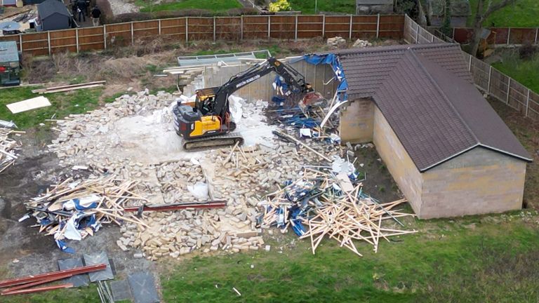 Work continues to demolish an unauthorised spa pool block at the home of Hannah Ingram-Moore, the daughter of the late Captain Sir Tom Moore, at Marston Moretaine, Bedfordshire. Picture date: Monday February 5, 2024.
