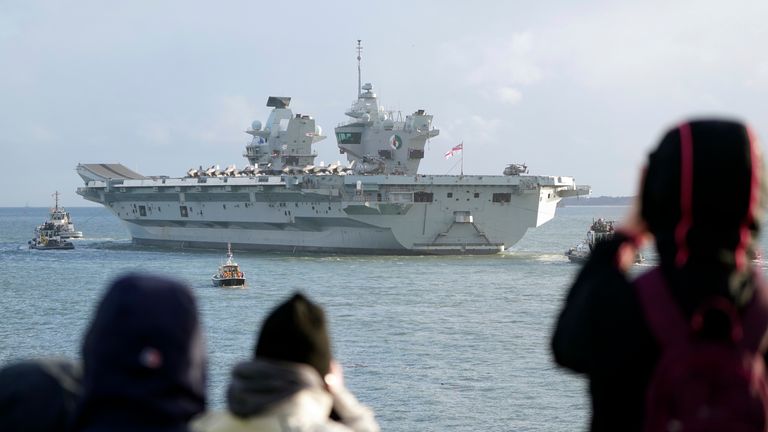Pic: PA
F35b jets line the deck of HMS Queen Elizabeth, as the Royal Navy aircraft carrier leaves Portsmouth Harbour. Picture date: Friday November 3, 2023.
