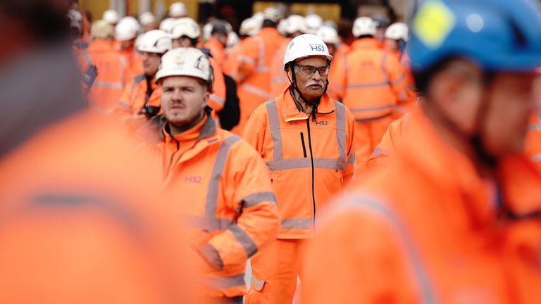 Workers look on as Florence finishes digging the Chiltern Tunnel. Pic: PA