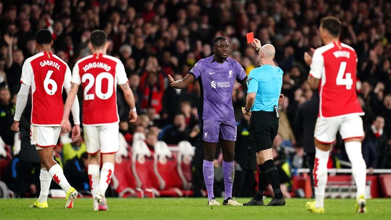 Red cards result in a player being sent off for the rest of the match, as it did here for Liverpool's Ibrahima Konate in February. Pic: PA