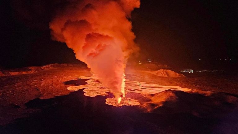 A volcano spews lava and smoke as it erupts on Reykjanes Peninsula, Iceland.
Pic: Iceland Civil Protection/ Reuters