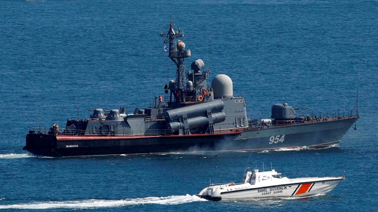 File pic: Reuters
Russian Navy&#39;s Tarantul-class corvette Ivanovets is escorted by a Turkish Navy Coast Guard boat as it sets sail in the Bosphorus, on its way to the Mediterranean Sea, in Istanbul, Turkey, July 13, 2016. REUTERS/Murad Sezer