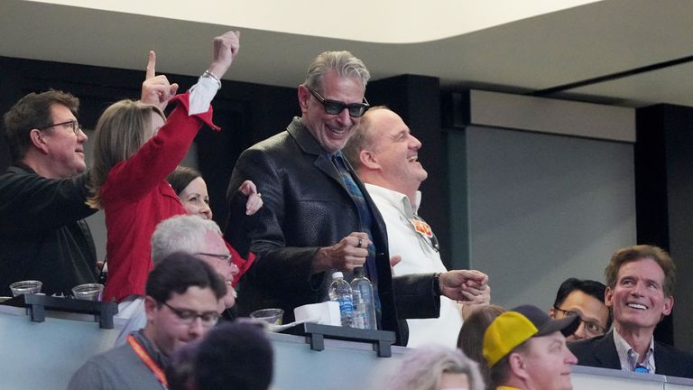 Feb 11, 2024; Paradise, Nevada, USA; Actor Jeff Goldbloom reacts during the second quarter of Super Bowl LVIII between the San Francisco 49ers and the Kansas City Chiefs at Allegiant Stadium. Mandatory Credit: Kyle Terada-USA TODAY Sports