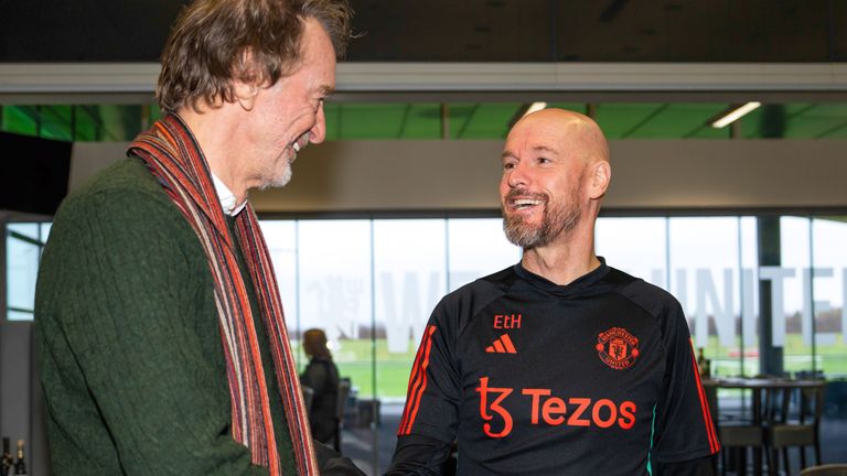 Photo: Manchester United / Getty MANCHESTER, ENGLAND - JANUARY 03: Sir Jim Ratcliffe of INEOS meets Manchester United manager Erik Ten Hag in the staff restaurant at the Carrington Training Complex on January 03, 2024 in Manchester, England.  (Photo by Manchester United/Manchester United via Getty Images)