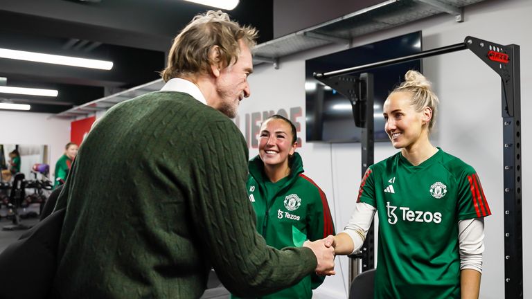 Pic: Manchester United/Getty
MANCHESTER, ENGLAND - JANUARY 03: Sir Jim Ratcliffe of INEOS meets Katie Zelem and Millie Turner of Manchester United Women in the gymnasium within the new Women&#39;s Team building at Carrington Training Complex on January 03, 2024 in Manchester, England. (Photo by Manchester United/Manchester United via Getty Images)