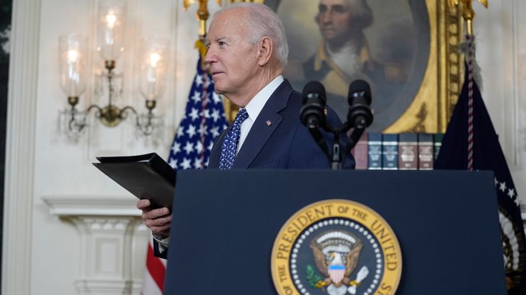 Pic: AP
Joe Biden steps away from the podium after speaking in the Diplomatic Reception Room of the White House