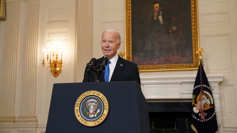 U.S. President Joe Biden speaks about the aid package for Ukraine, from the State Dining Room of the White House in Washington, D.C., U.S., February 13, 2024. REUTERS/Kevin Lamarque