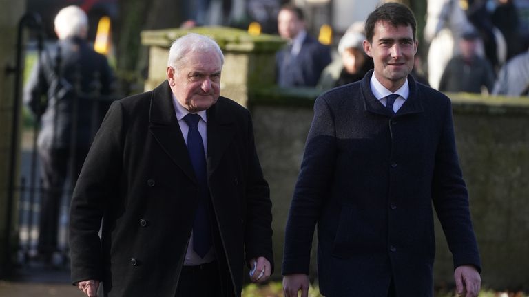 Former taoiseach Bertie Ahern (left) arriving alongside Jack Chambers, minister of state at the department of transport. Pic: Brian Lawless/PA Wire