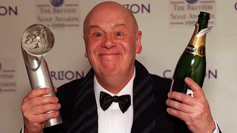 John Savident picking up the award for Best Soap by TV viewers, at Carlton TV&#39;s British Soap Awards in 1999. Pic :PA