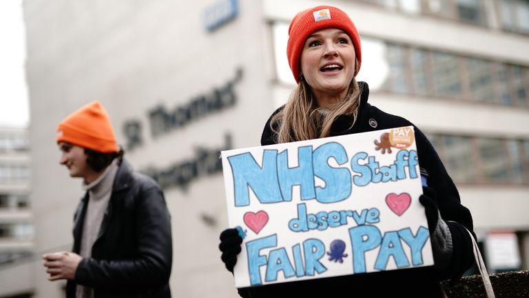 Pic: PA
Junior doctors on the picket line outside St Thomas' Hospital, central London, during their continuing dispute over pay. Picture date: Monday February 26, 2024.