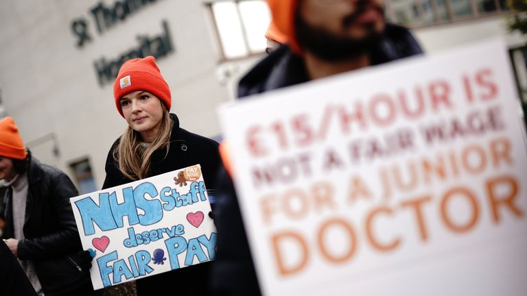 Pic: PA
Junior doctors on the picket line outside St Thomas&#39; Hospital, central London, during their continuing dispute over pay. Picture date: Monday February 26, 2024.