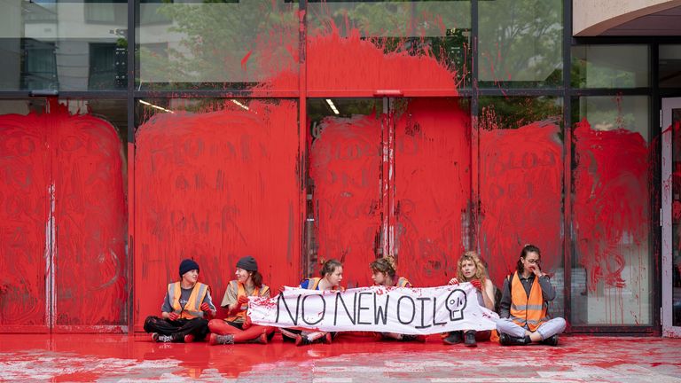 Environmental campaigners from Just Stop Oil protest outside the UK Government building in Edinburgh to demand the UK Government reverses its decision to approve Shell&#39;s Jackdaw gas field in the North Sea. Picture date: Thursday June 2, 2022