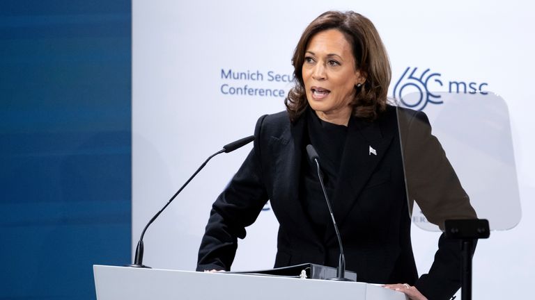 16 February 2024, Bavaria, Munich: Kamala Harris, Vice President of the USA, takes part in the Security Conference. Around 50 heads of state and government and more than 100 ministers from all over the world are expected to attend the 60th Munich Security Conference at the Hotel Bayerischer Hof from Friday to Sunday. Photo by: Sven Hoppe/picture-alliance/dpa/AP Images
