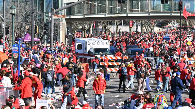 Feb 14, 2024; Kansas City, MO, USA; Fans leave the area after shots were fired after the celebration of the Kansas City Chiefs winning Super Bowl LVIII. Mandatory Credit: David Rainey-USA TODAY Sports