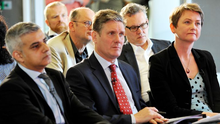 Keir Starmer as a Labour candidate in 2015, flanked by Sadiq Khan and Yvette Cooper. Pic: PA