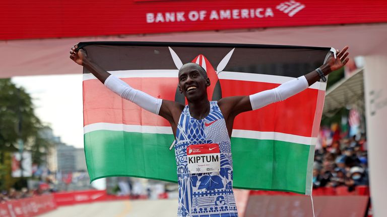Kiptum celebrates his Chicago Marathon world record. Pic: AP