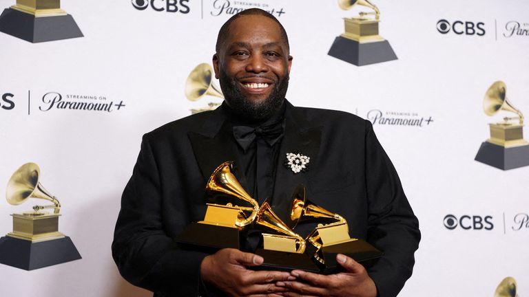 Killer Mike poses with the Best Rap Album award, the Best Rap Performance award and the Best Rap Song award at the 66th Annual Grammy Awards in Los Angeles, California, U.S., February 4, 2024. REUTERS/David Swanson TPX IMAGES OF THE D