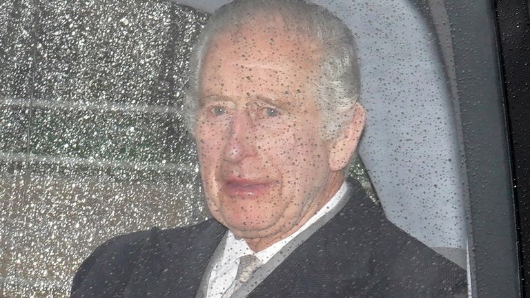 King Charles waves to wellwishers as he and and Queen Camilla arrive back at Clarence House.
Pic: PA