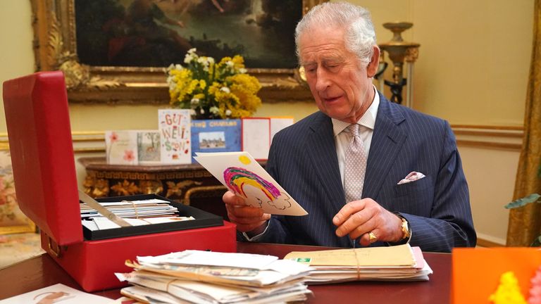 King Charles III reads cards and messages, sent by wellwishers following his cancer diagnosis.
Pic:PA